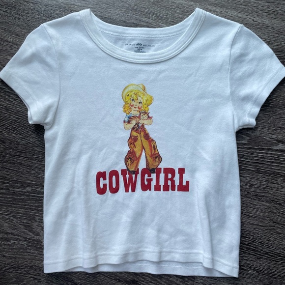 Brandy Melville Tops - Brandy Melville Ashlyn Cowgirl T-shirt Cropped Cotton White RARE GraphicBaby Tee